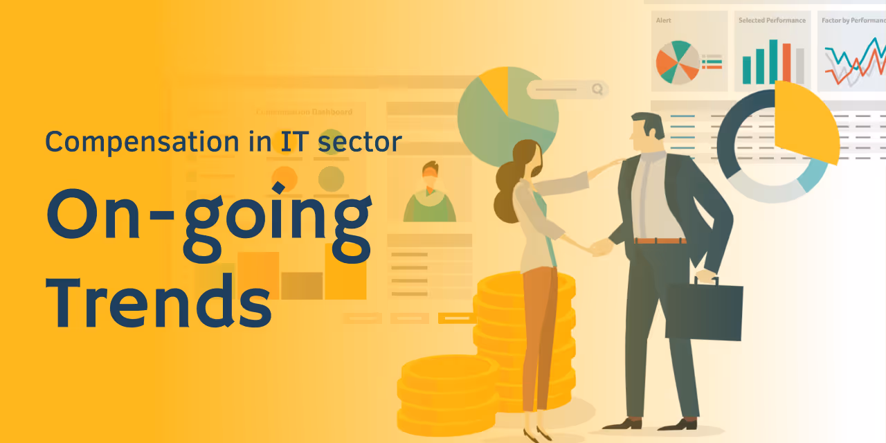 IT compensation trends shown with business figures, charts, and stacked coins in a modern illustration