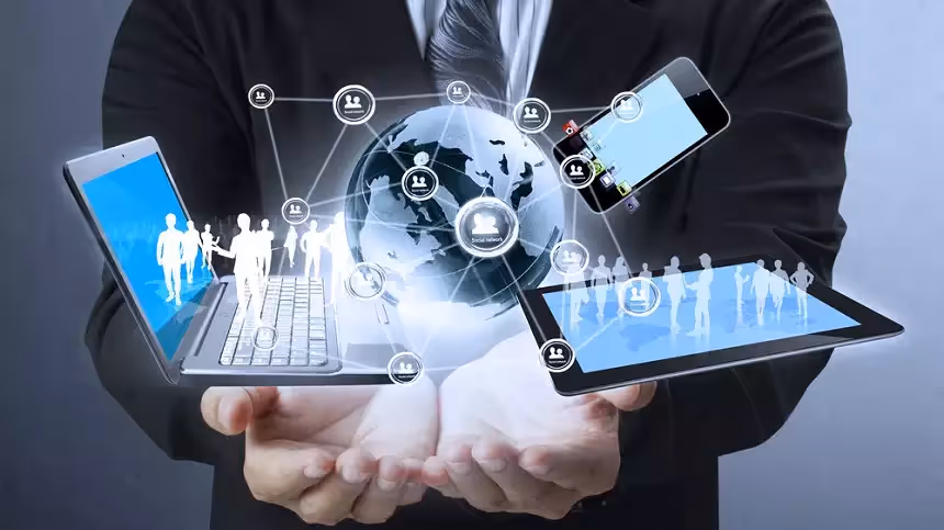 Global digital connectivity shown through devices and holographic network icons held in open hands