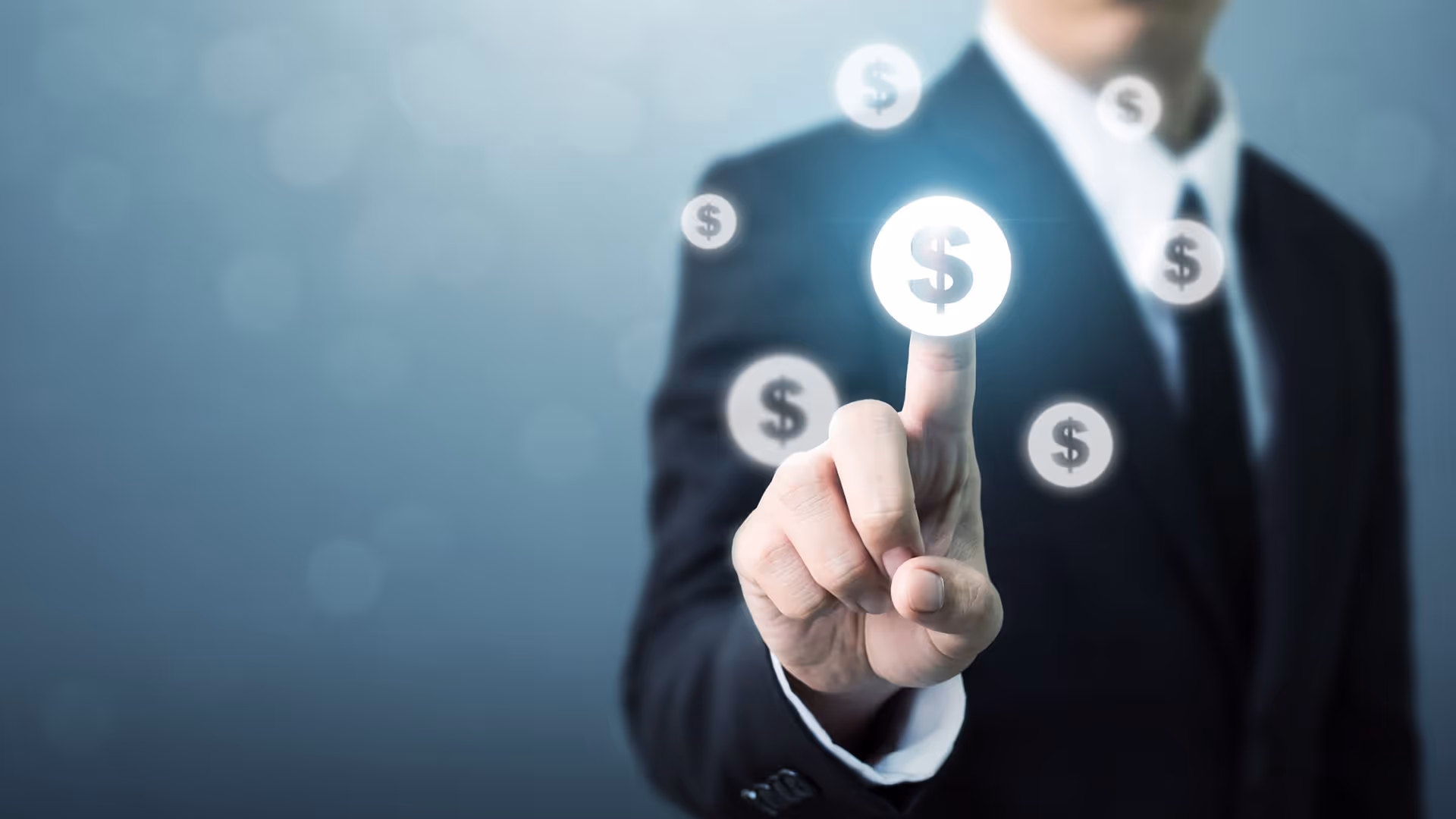 Business professional touching a floating digital dollar icon to represent compensation