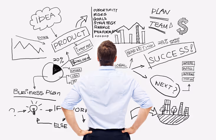 Man analyzing a whiteboard filled with business strategy sketches and charts