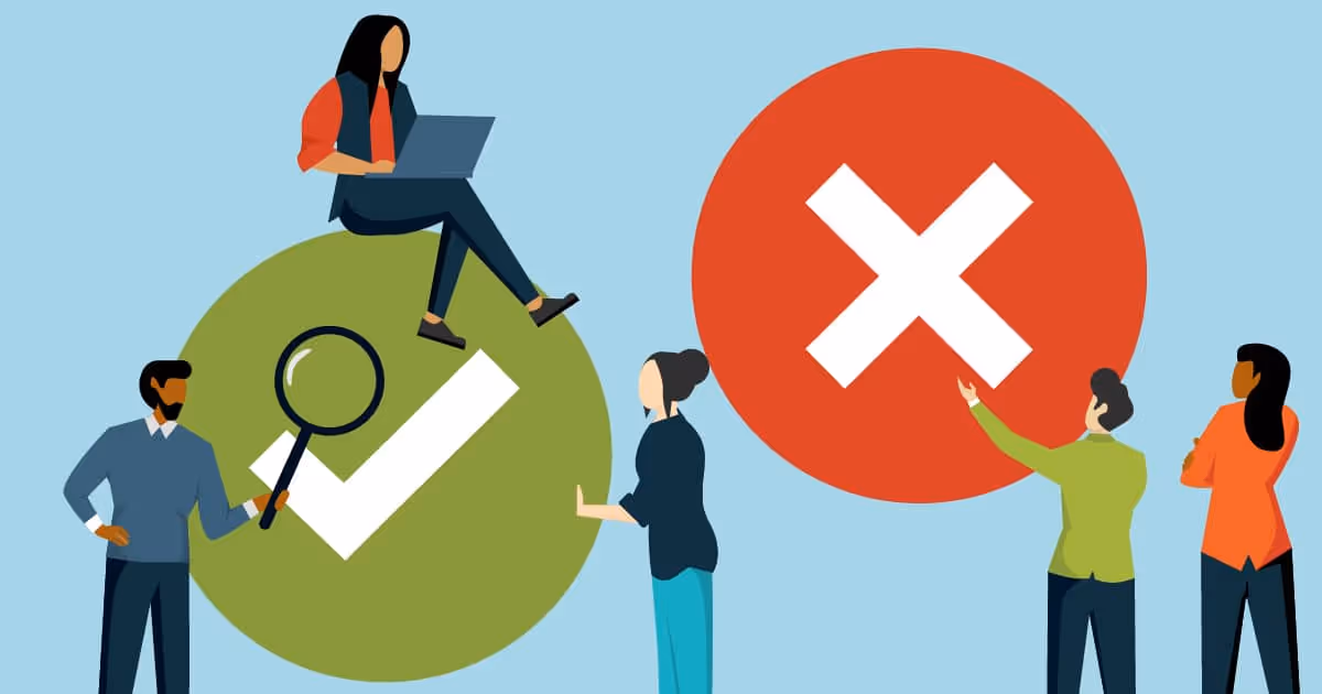 People comparing a large green checkmark and red cross, illustrating correct vs incorrect decisions