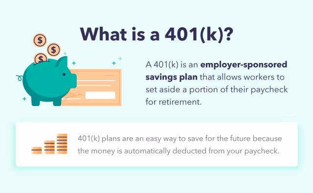 Illustration explaining a 401(k) as an employer-sponsored savings plan with a piggy bank, paycheck, and savings icons
