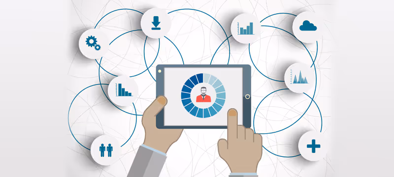 Digital tablet showing an employee profile with HR and analytics icons around it
