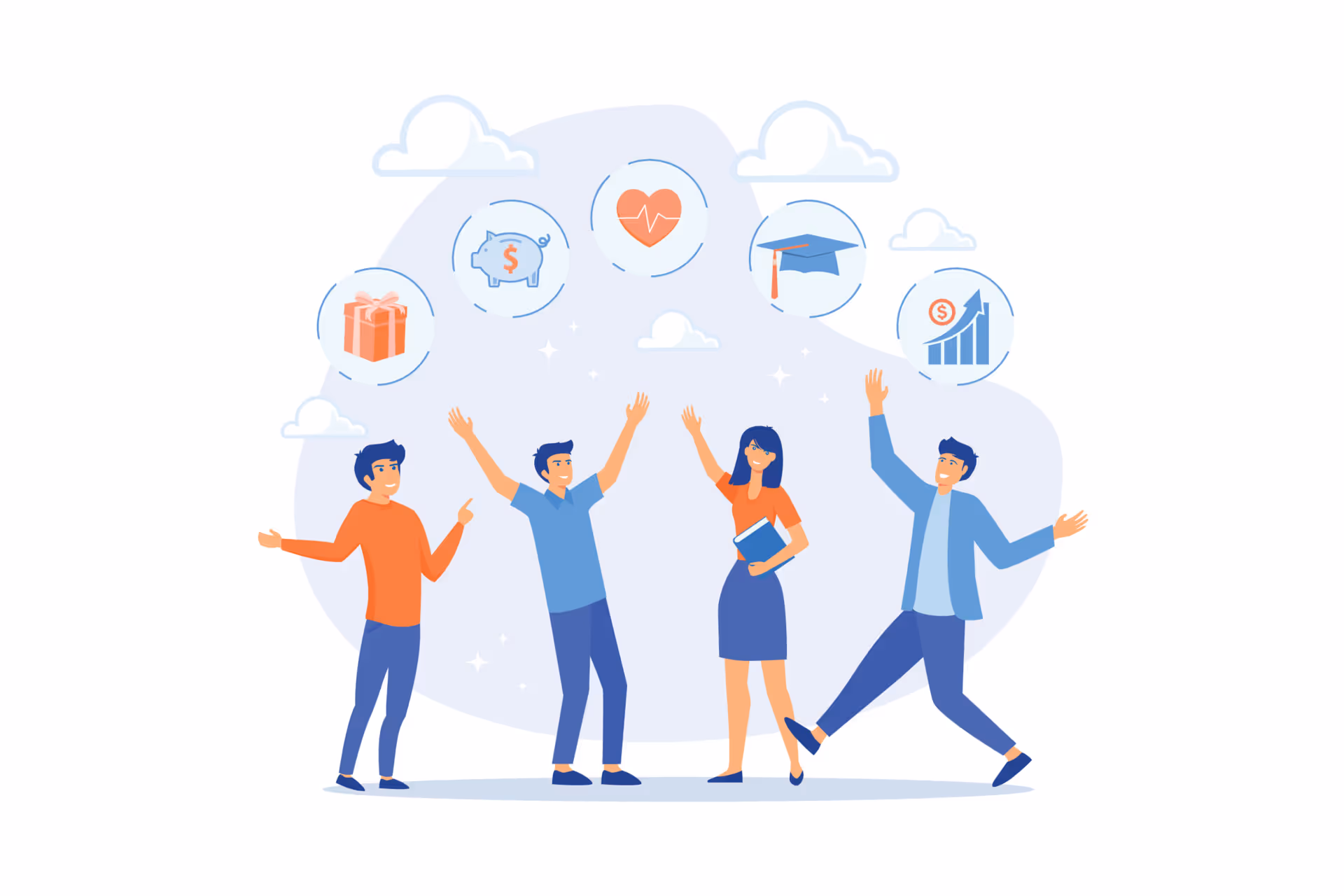 Happy team celebrating rewards and growth, with icons showing bonuses, health, learning and performance success