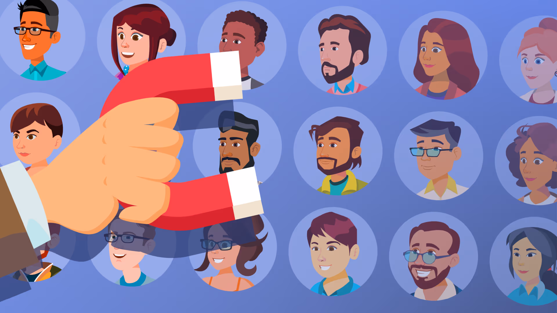 Hand holding a magnet attracting diverse profile icons, symbolizing talent attraction and engagement