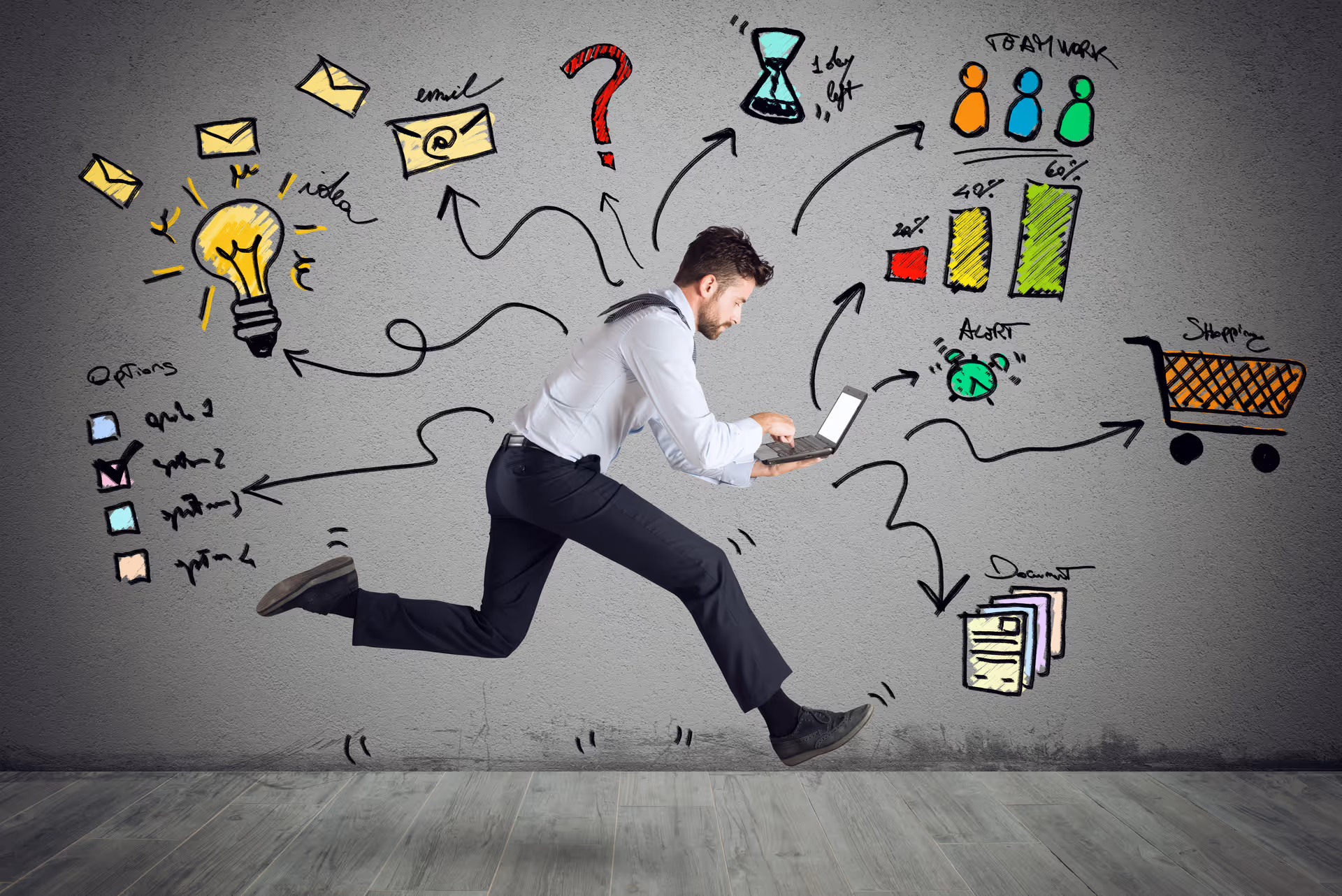Man running while working on a laptop, surrounded by hand-drawn icons representing ideas, tasks, teamwork, and deadlines