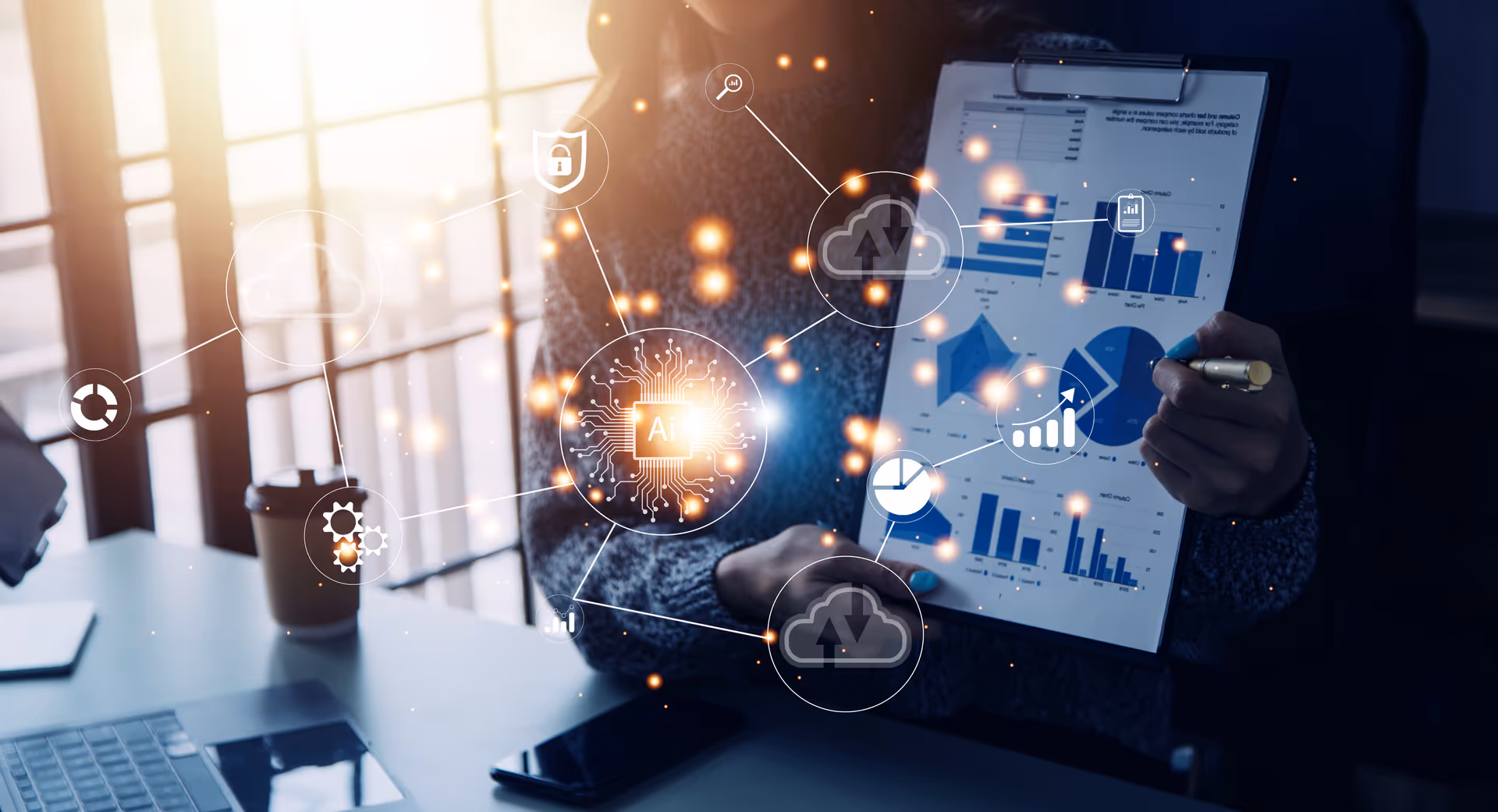 Person holding a clipboard with charts as glowing AI and cloud icons overlay the scene in a modern office