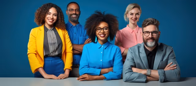 Diverse group of professionals smiling confidently against a blue background, representing equality, teamwork, and inclusion