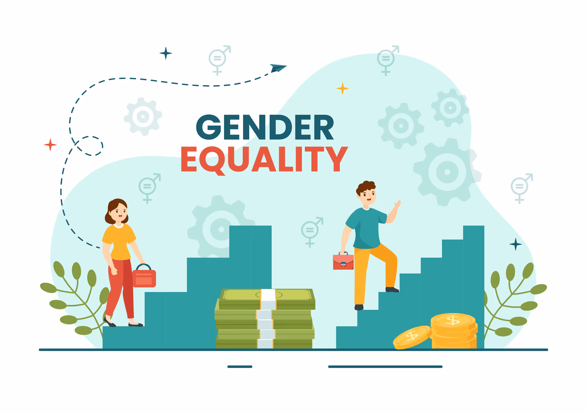 Illustration of gender equality with man and woman on equal pay bars, symbolizing fair pay and balanced opportunities