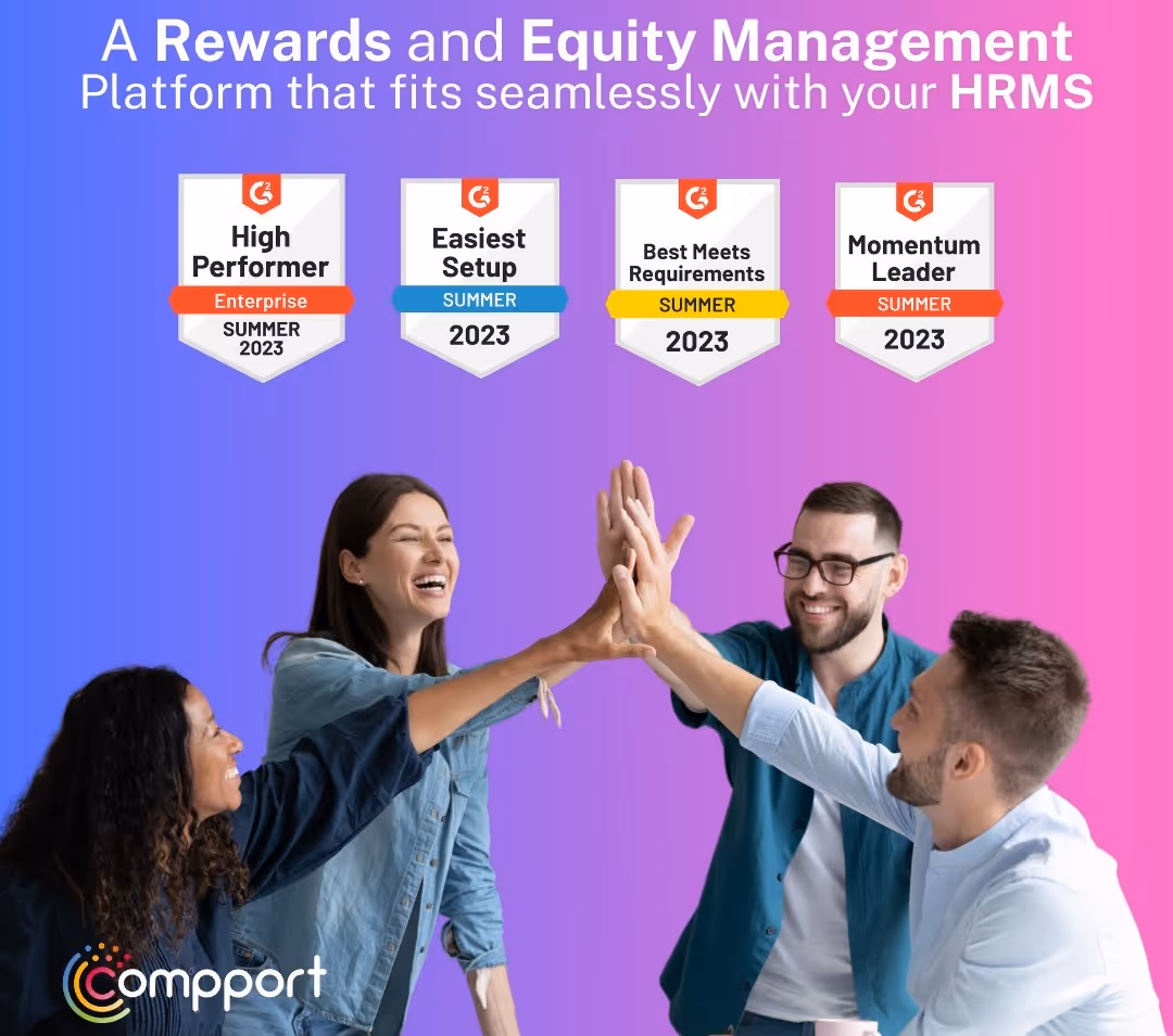 Compport banner with G2 Summer 2023 awards and a diverse team high-fiving in celebration
