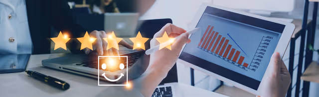 Team reviewing growth charts on a tablet with customer satisfaction ratings shown as glowing stars