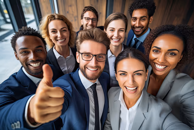 Group of diverse professionals smiling confidently with one person giving a thumbs-up, reflecting teamwork and success