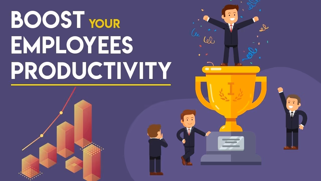 Illustration of employees celebrating productivity, with a worker standing on a trophy and growth charts in the background
