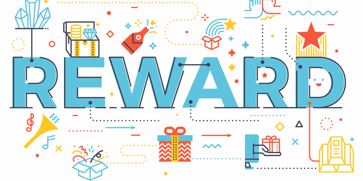 Colorful ‘Reward’ banner with icons symbolizing gifts, achievements, and incentives used to motivate employees or teams