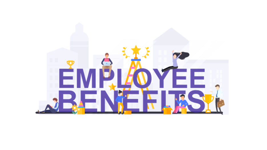 Illustration of people celebrating around the text “Employee Benefits” with icons of rewards, gifts, trophies, and stars