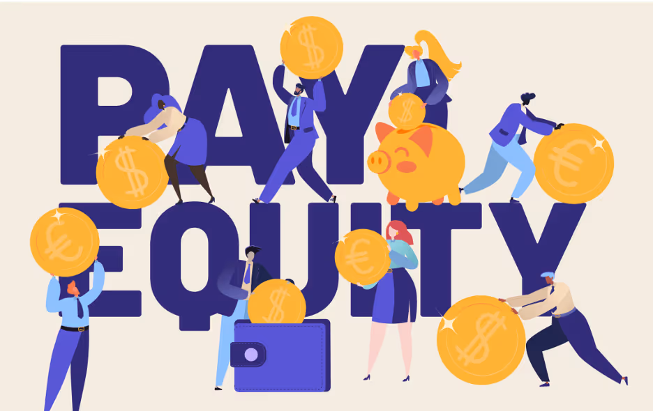 Illustration of people holding large coins around the words “Pay Equity,” symbolizing fair and equal compensation