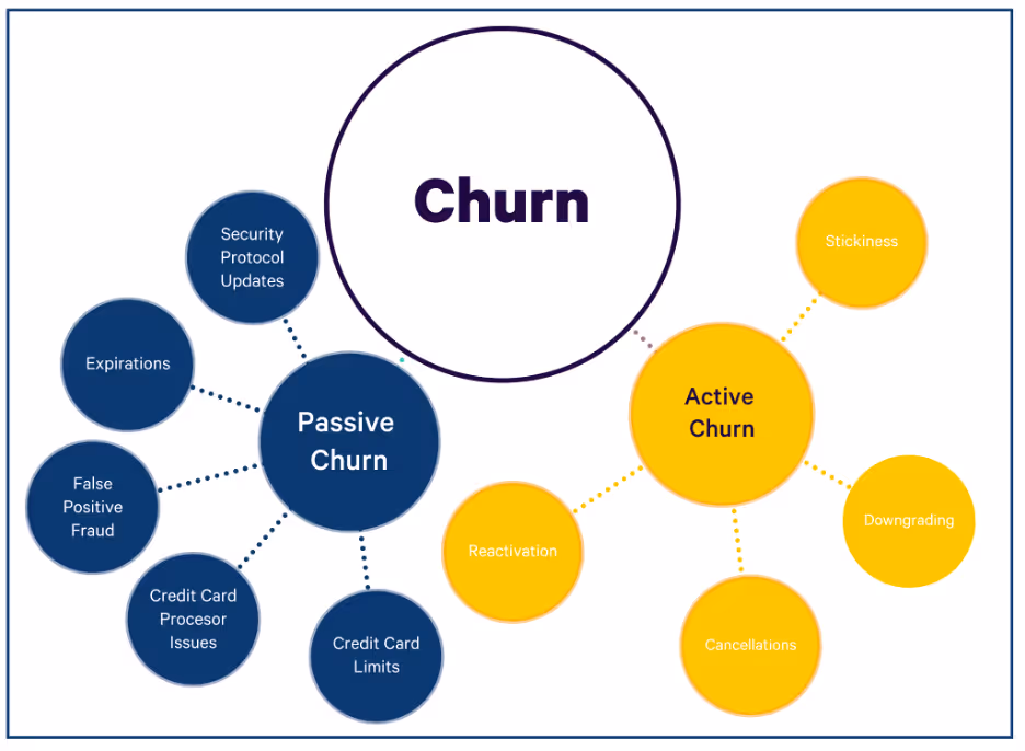 Diagram showing passive and active churn causes, including expirations, fraud, cancellations, and downgrades