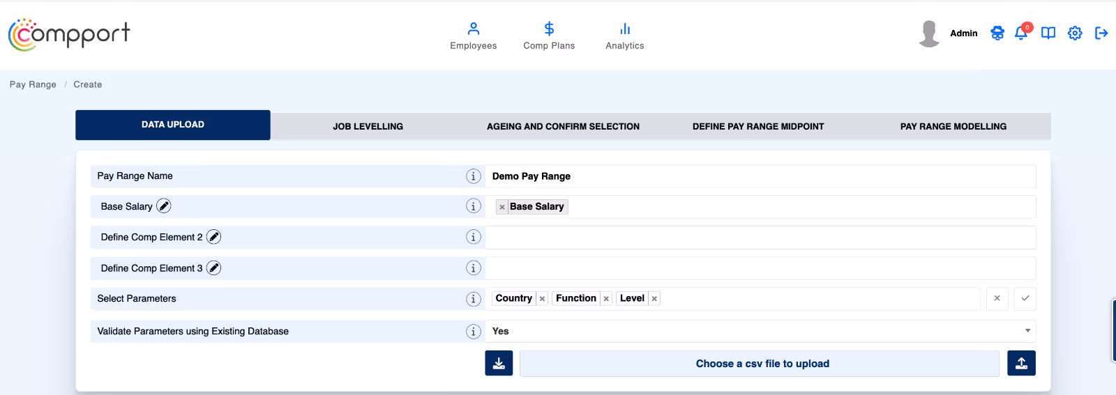 Compport interface showing multi-dimensional pay range setup with base salary, parameters, and data upload options