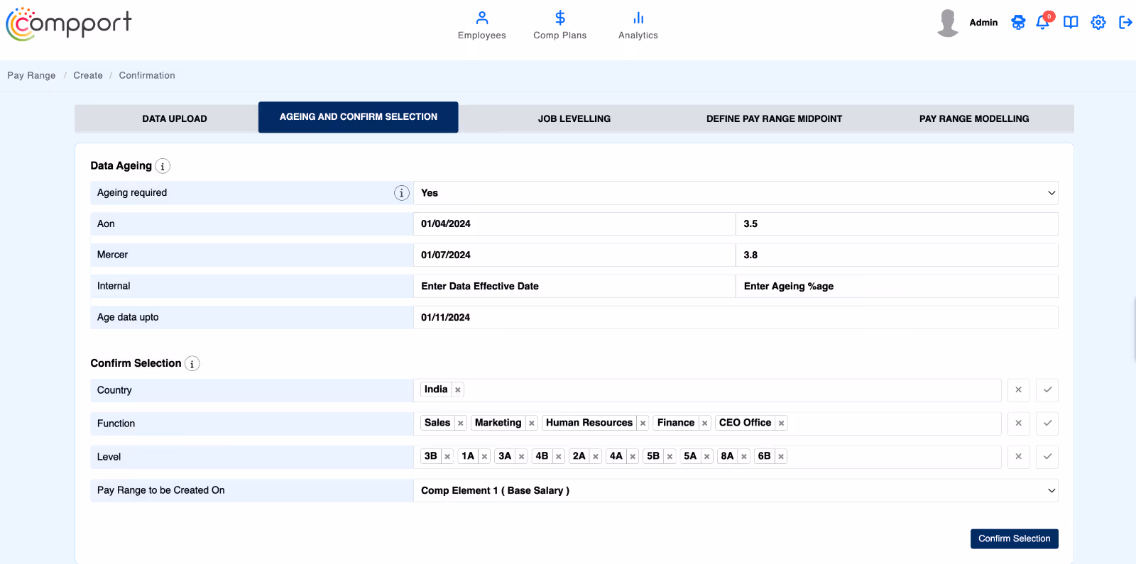 Compport market ageing setup screen showing ageing inputs, country selection, functions and job levels for compensation benchmarking