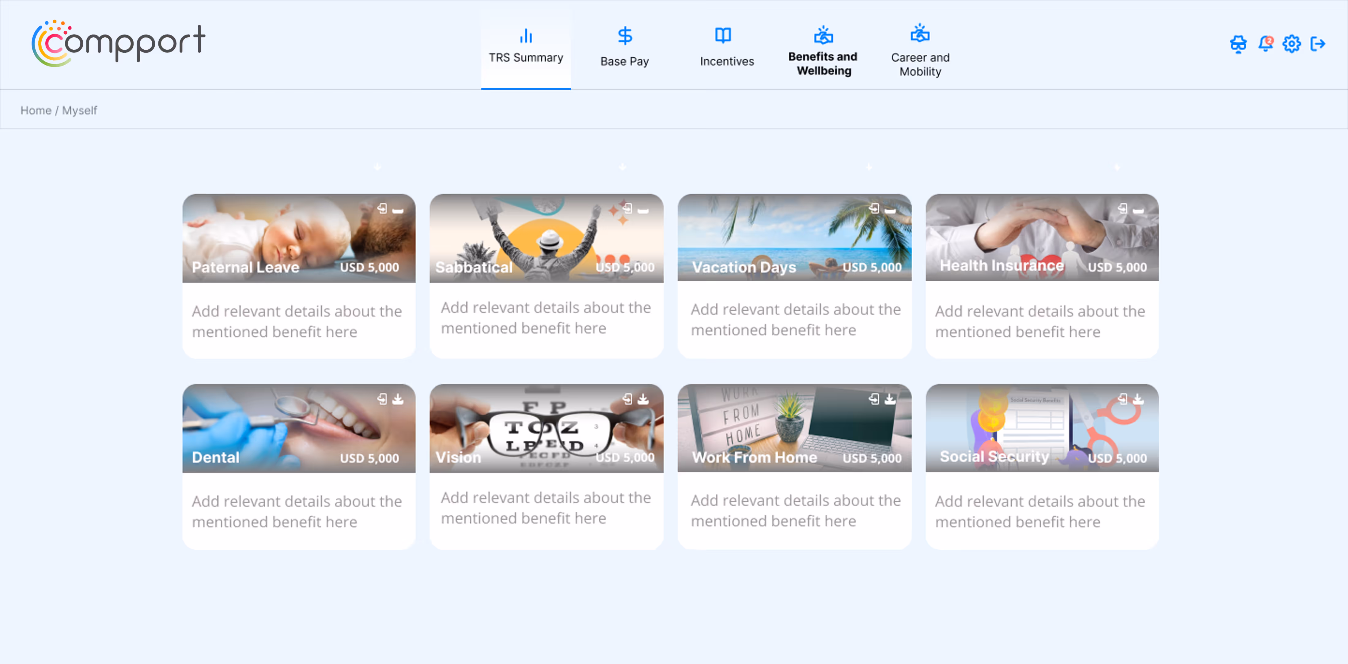 Compport dashboard displaying employee benefits cards like parental leave, sabbatical, vacation days, health insurance, and more