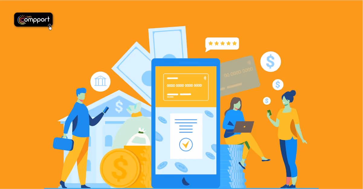 Illustration of people using a digital finance app with money icons, cards, and rewards, branded with Compport