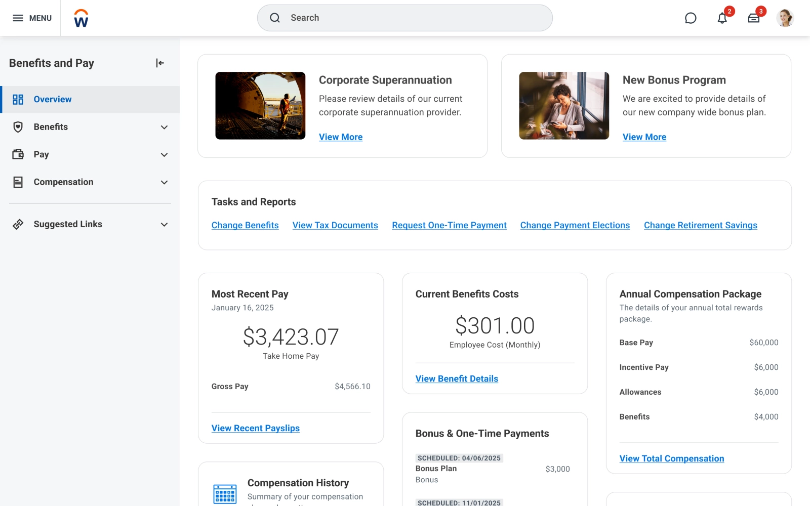 Screenshot of Human Capital Management showing employee Benefits and Pay Overview dashboard.
