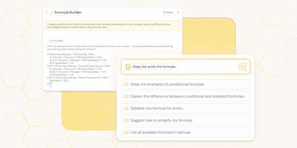 Product screens showing a software User Interface. Yellow background.