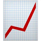 Graph with red upward trending arrow on grid background representing growth, analytics, or business success