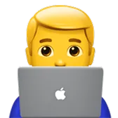 Yellow emoji face with concerned expression using a laptop computer