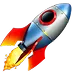 Rocket ship icon in red and blue colors with orange flame, symbolizing launch, startup, or space exploration