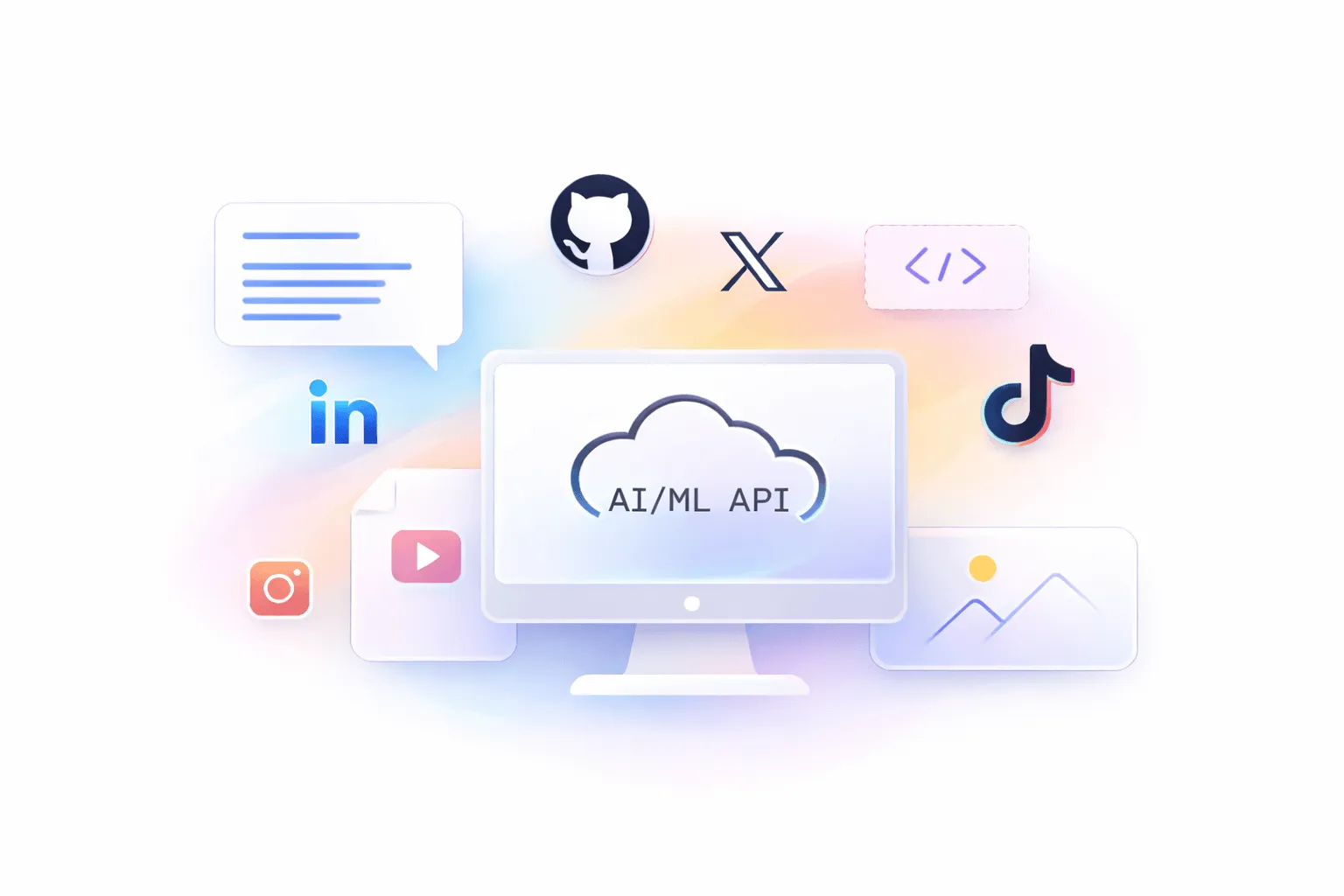 Computer monitor displaying a cloud with the text AI/ML API surrounded by icons of LinkedIn, GitHub, X, code brackets, TikTok, Instagram, YouTube, and an image placeholder.
