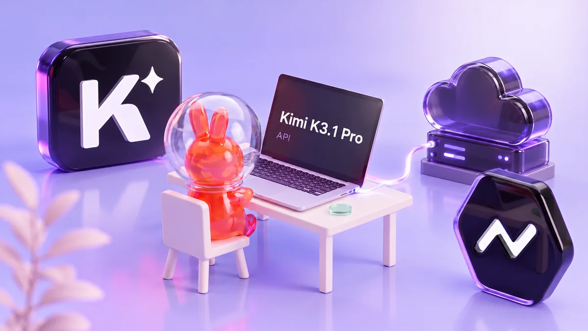 AI/ML API astronaut bunny using a Kimi K3.1 Pro laptop beside a purple cloud server