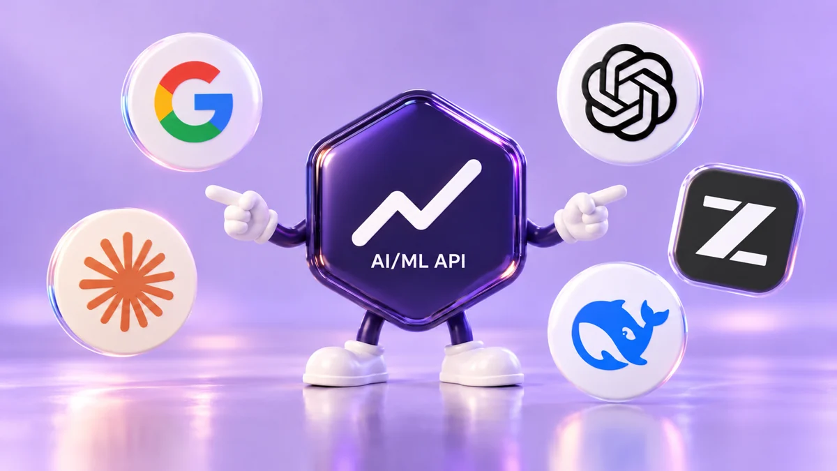 AI/ML API logo with outstretched arms surrounded by Google, OpenAI, Claude, DeepSeek and the official Z.ai symbol on a lavender background