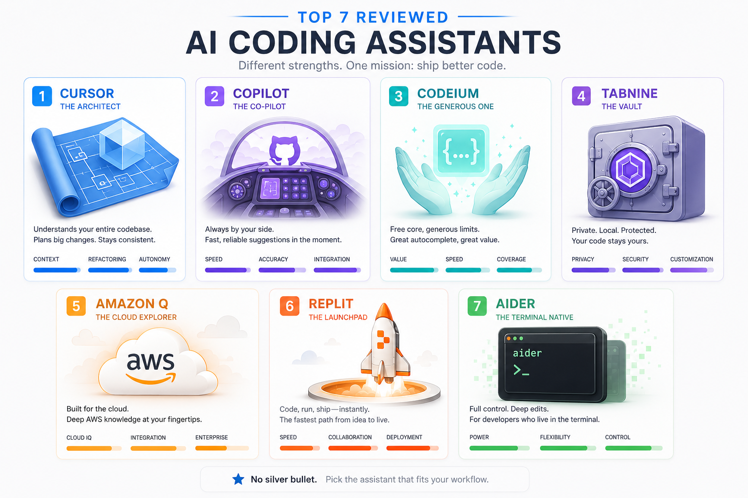 An infographic titled 'Top 7 Reviewed AI Coding Assistants' comparing seven different tools: Cursor (The Architect), Copilot (The Co-pilot), Codeium (The Generous One), Tabnine (The Vault), Amazon Q (The Cloud Explorer), Replit (The Launchpad), and Aider (The Terminal Native). Each card features a unique icon, a brief description of its strength, and bar charts rating attributes like Speed, Privacy, or Control. The bottom text reads, 'No silver bullet. Pick the assistant that fits your workflow.