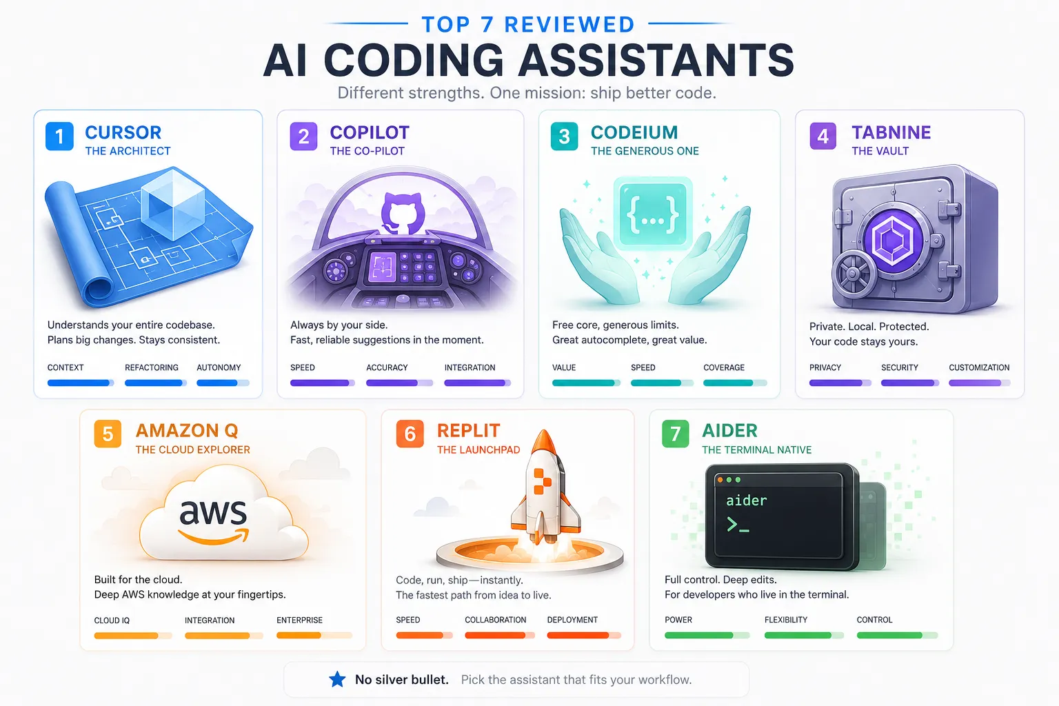 An infographic titled 'Top 7 Reviewed AI Coding Assistants' comparing seven different tools: Cursor (The Architect), Copilot (The Co-pilot), Codeium (The Generous One), Tabnine (The Vault), Amazon Q (The Cloud Explorer), Replit (The Launchpad), and Aider (The Terminal Native). Each card features a unique icon, a brief description of its strength, and bar charts rating attributes like Speed, Privacy, or Control. The bottom text reads, 'No silver bullet. Pick the assistant that fits your workflow.