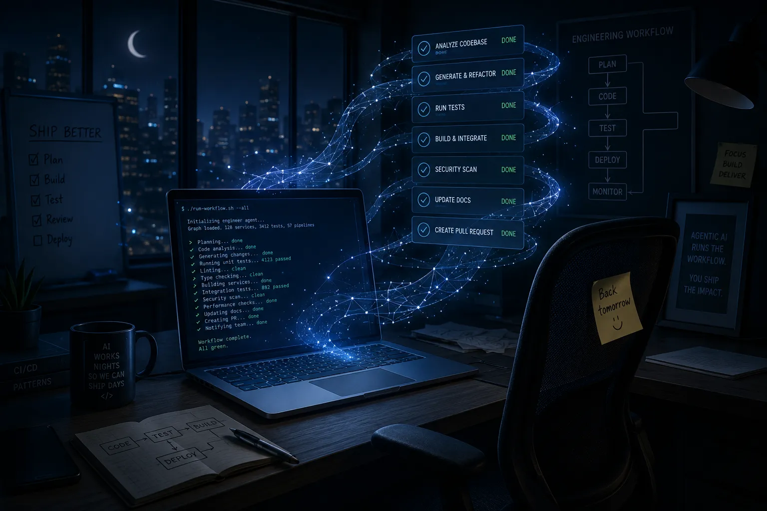 A futuristic night scene of a developer's desk where an AI agent has automated the entire engineering workflow. A laptop screen displays a terminal with green checkmarks indicating completed tasks like code analysis, unit tests, and security scans. A stream of blue digital particles flows from the laptop to a floating holographic checklist showing 'DONE' status for steps including Analyze Codebase, Generate & Refactor, Run Tests, Build & Integrate, Security Scan, Update Docs, and Create Pull Request. Surrounding the desk are motivational items: a mug reading 'AI WORKS NIGHTS SO WE CAN SHIP DAYS,' a whiteboard checklist for shipping better code, and a poster stating 'AGENTIC AI RUNS THE WORKFLOW. YOU SHIP THE IMPACT.