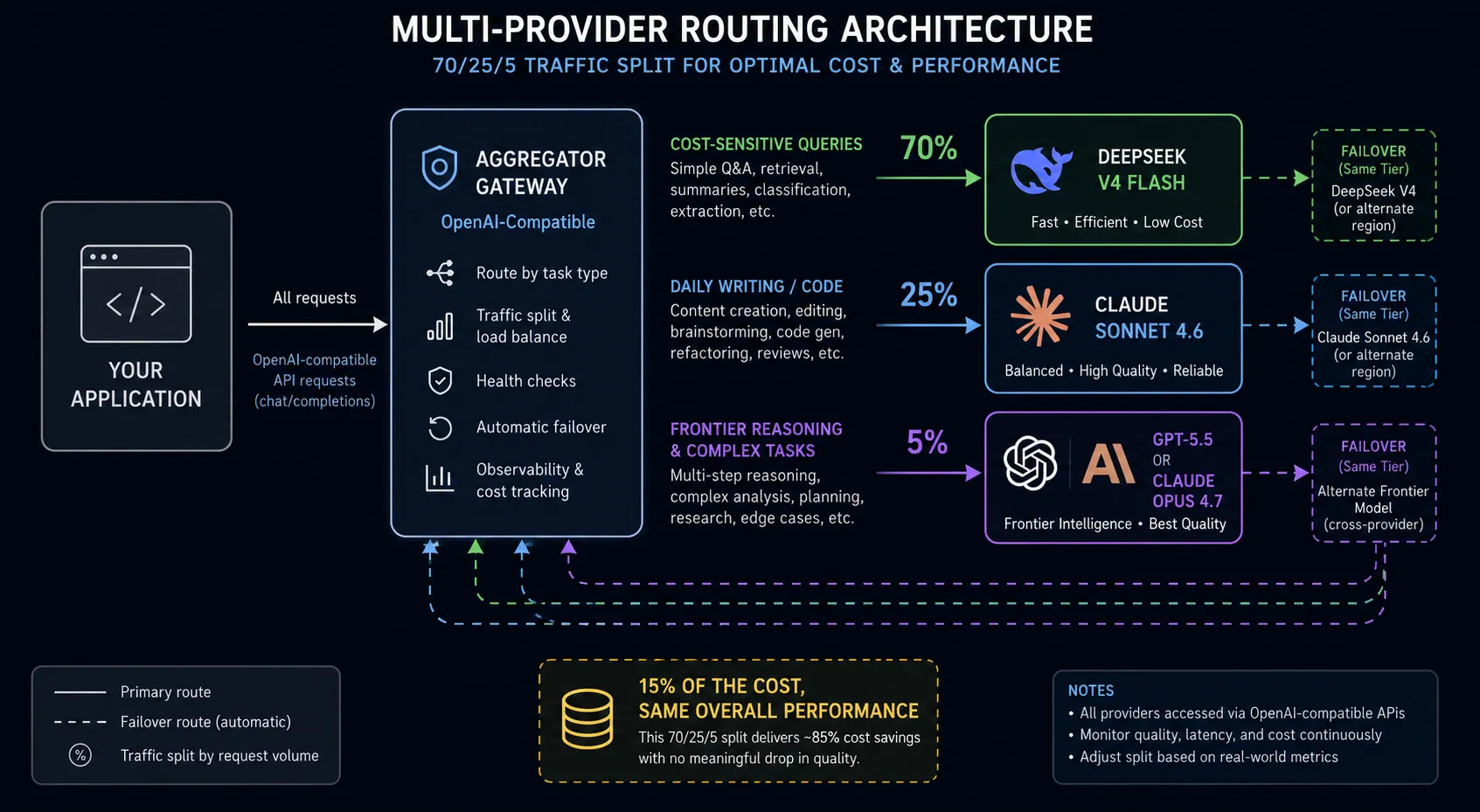 A flowchart titled 'Multi-Provider Routing Architecture' illustrating a strategy for a 70/25/5 traffic split to optimize cost and performance. On the left, 'Your Application' sends requests to a central 'Aggregator Gateway' which handles routing, load balancing, and failover. The traffic is then divided into three tiers: 70% for cost-sensitive queries sent to DeepSeek V4 Flash, 25% for daily writing and code sent to Claude Sonnet 4.6, and 5% for complex reasoning tasks sent to GPT-5.5 or Claude Opus 4.7. Each tier has a designated automatic failover route. A summary box at the bottom states that this split delivers '15% of the cost, same overall performance,' achieving roughly 85% cost savings.