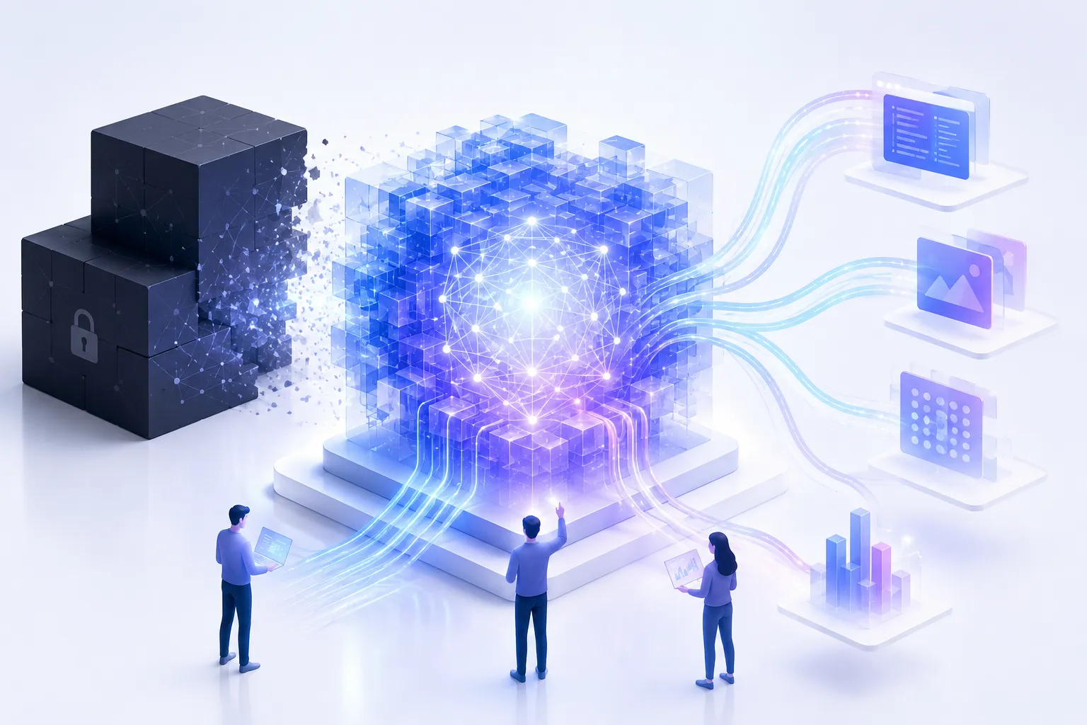 Isometric illustration of a futuristic AI data transformation workflow. On the left, dark, locked data blocks crumble and dissolve into a large, central, translucent blue cube containing a glowing neural network of bright white nodes. Streams of light data flow from this core to the right, materializing into digital outputs: code interfaces, image placeholders, data grids, and 3D bar charts. In the foreground, three stylized figures in business attire interact with the system—one holding a laptop, one reaching toward the central network, and one holding a tablet—symbolizing human-AI collaboration. The scene is set against a clean white background with a vibrant blue and purple color palette, representing the unlocking of secure data into actionable intelligence.