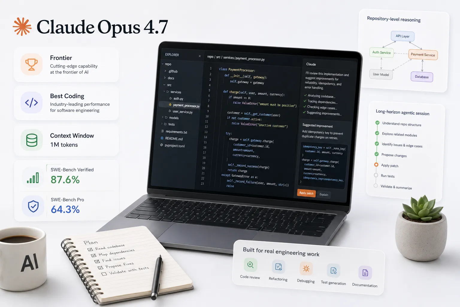 Infographic for Claude Opus 4.7, showcasing its advanced capabilities for software engineering. Left Sidebar (Key Specs): Frontier: Cutting-edge capability at the frontier of AI. Best Coding: Industry-leading performance for software engineering. Context Window: 1M tokens. SWE-Bench Verified: 87.6%. SWE-Bench Pro: 64.3%. Center Visual: A laptop screen displays a code editor (dark mode) with a Python file (payment_processor.py). A 'Claude' chat panel on the right analyzes the code, suggesting improvements for reliability and error handling, with buttons for 'Apply patch' and 'Explain'. Right Side (Capabilities): Repository-level reasoning: A diagram showing a system architecture flow with nodes like API Layer, Auth Service, Payment Service, User Model, and Database. Long-horizon agentic session: A checklist illustrating a workflow: Understand repo structure → Explore related modules → Identify issues → Propose changes → Apply patch → Run tests → Validate & summarize. Bottom Section: A banner reads 'Built for real engineering work' with icons representing: Code review Refactoring Debugging Test generation Documentation Environment: The laptop sits on a clean white desk next to a coffee mug labeled 'AI', a potted succulent, and a spiral notebook with a handwritten 'Plan' checklist (Read codebase, Map dependencies, Find issues, Propose fixes, Validate with tests).