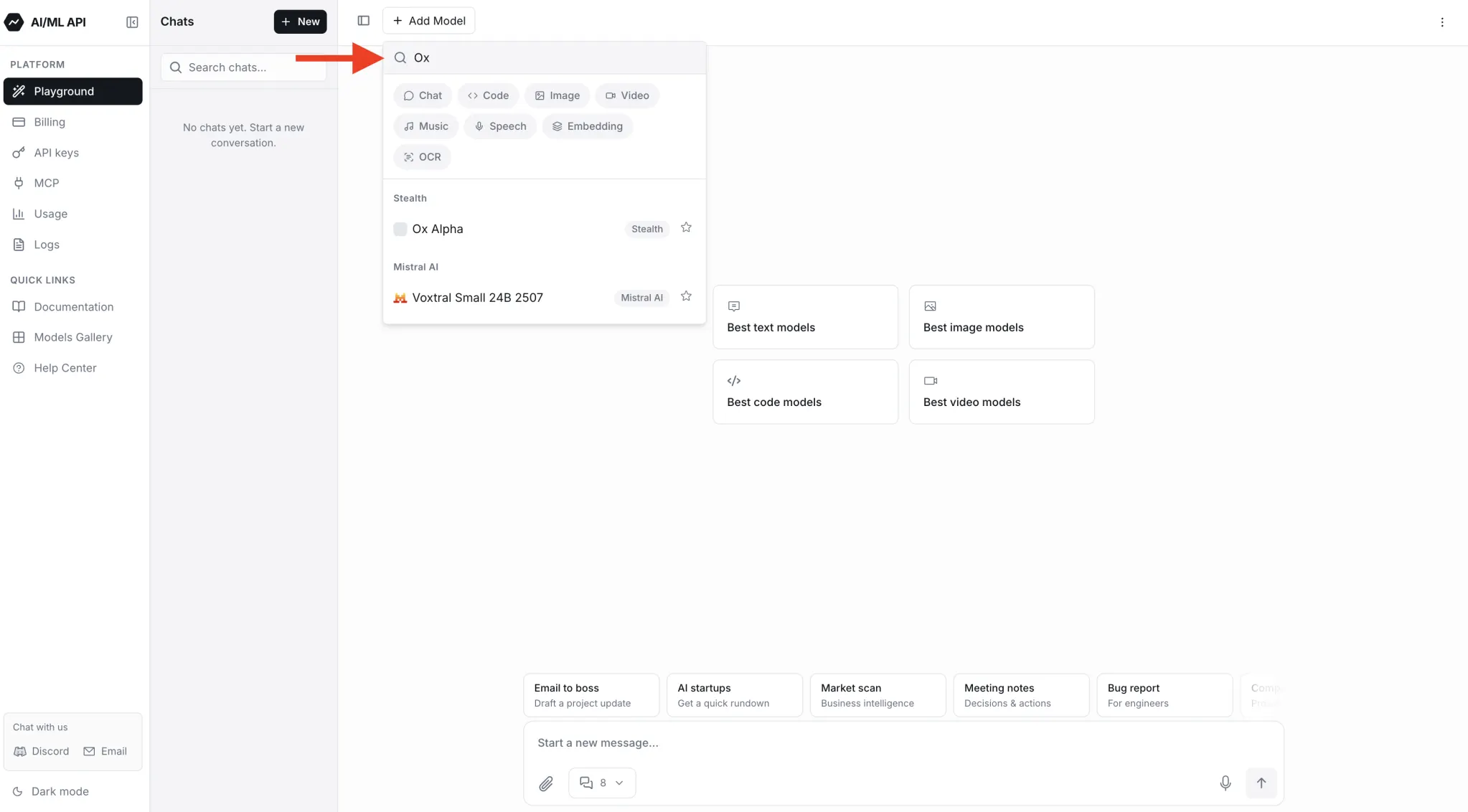 AI/ML API model search showing Ox Alpha under the Stealth provider