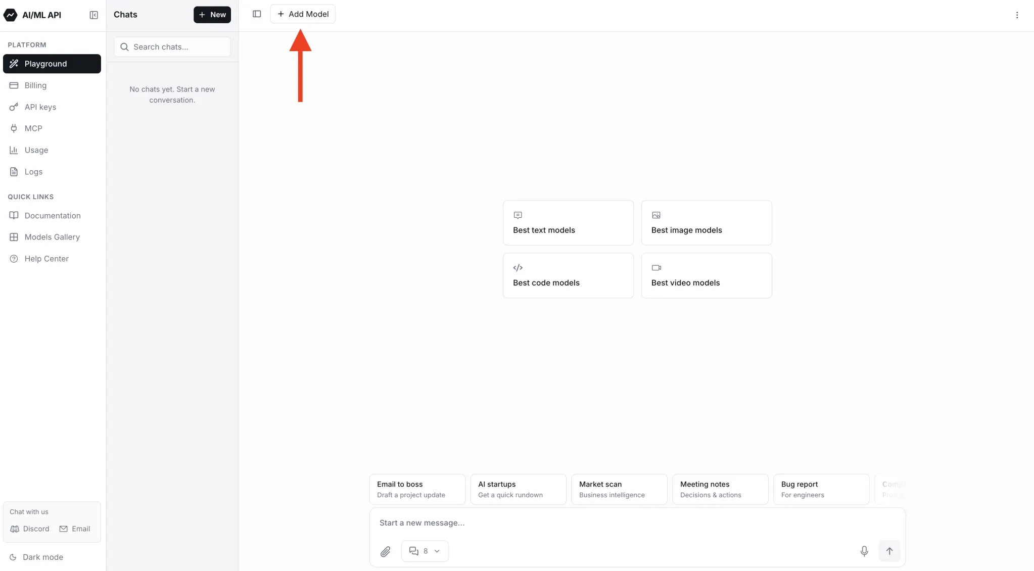 AI/ML API Playground with the Add Model button highlighted