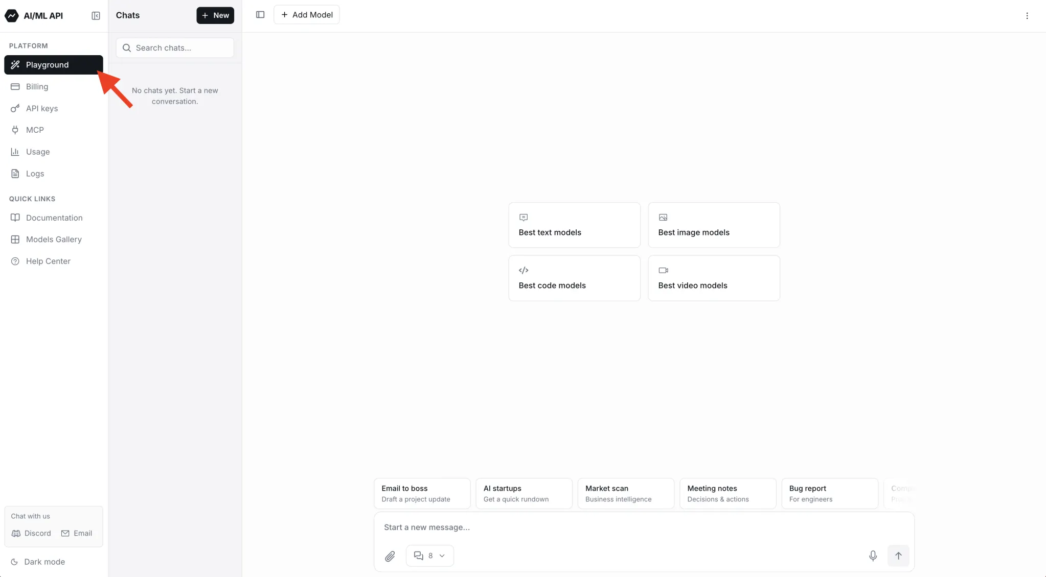 AI/ML API dashboard with the Playground link highlighted in the left sidebar