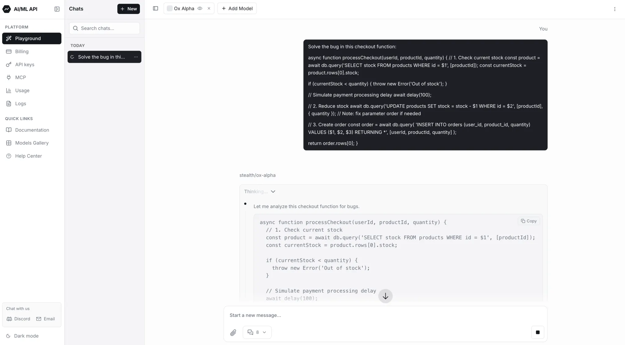 Ox Alpha analyzing a checkout function in the AI/ML API Playground