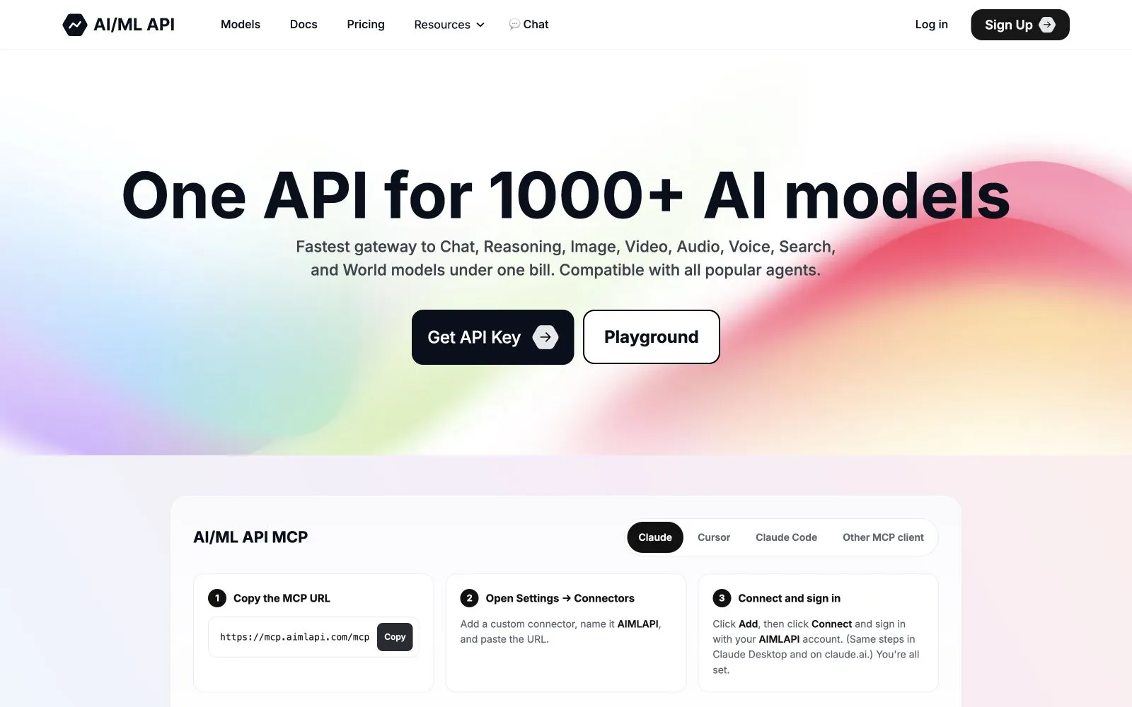 AI/ML API homepage showing one API for more than 1,000 AI models