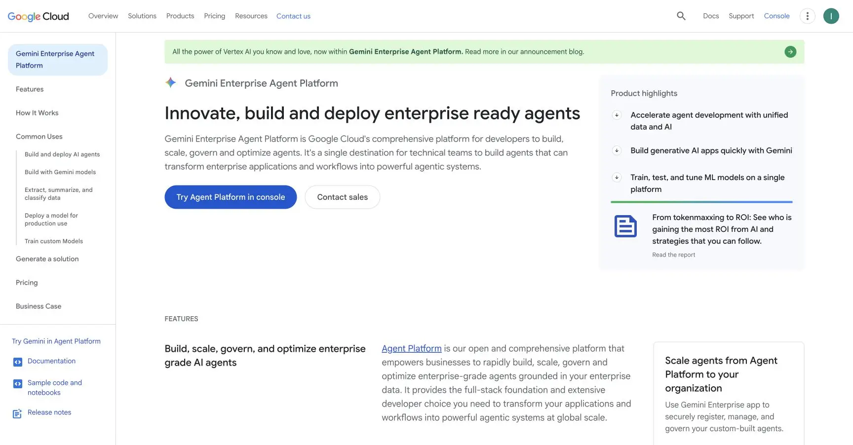 Google Gemini Enterprise Agent Platform page, formerly Vertex AI