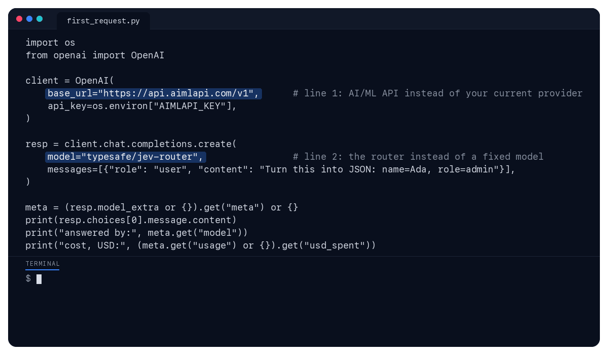 Jev Router setup in Python: the OpenAI SDK calls typesafe/jev-router on api.aimlapi.com/v1 and prints answered by: openai/gpt-6-luna.