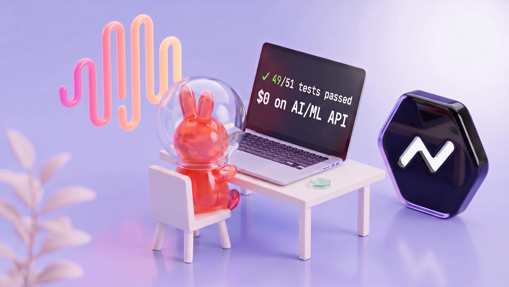 MiniMax M3.1 Flash test on AI/ML API: an astronaut bunny at a laptop showing 49/51 tests passed and $0, between the MiniMax and AI/ML API logos