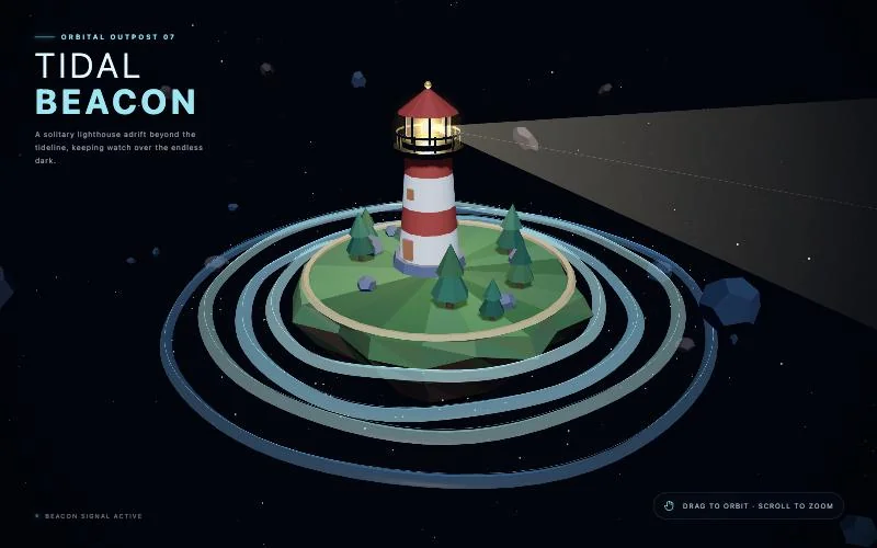 MiniMax M3.1 Flash Three.js test: a low-poly island with a lighthouse, trees, wave rings and a title overlay, rendered from a one-shot prompt