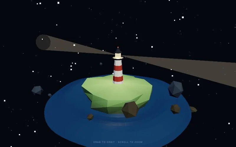 DeepSeek V4.1 Flash Three.js test: a simpler low-poly island with a red and white lighthouse and beam over a blue ocean disc