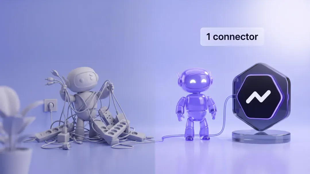 AI/ML API MCP connector: a robot tangled in plugs and power strips beside a robot linked to the AI/ML API hexagon by 1 connector.